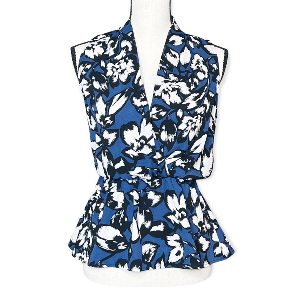 Jessy B for ModCloth Floral Wrap Surplice Peplum Top Blouse Navy Blue White XS